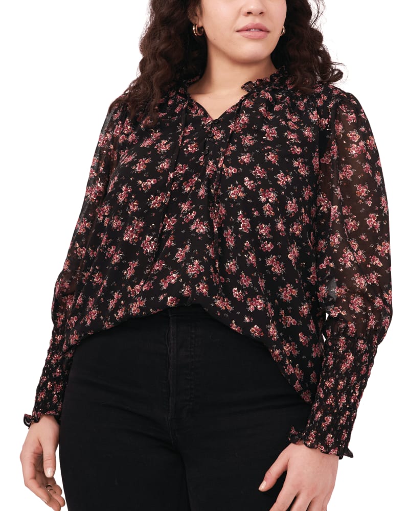 Front of a model wearing a size 0X Alice Tie Front Top in GOLDFFCHIFFON by 1.State. | dia_product_style_image_id:262372